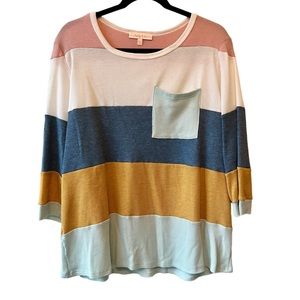 Hailey & Co Large Pink Ivory Blue Mint Gold Colorblock Lightweight 3/4 Sleeves